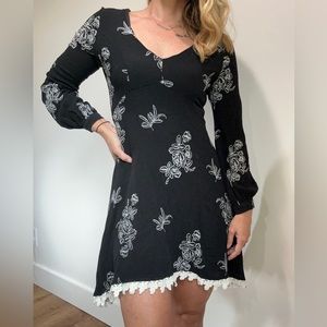 Altar’d State Black Long Sleeve Dress with Lace and Embroidery - Size Medium